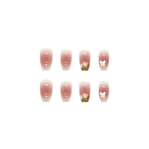 Glossy pink gradient press-on nails with aurora butterfly and tulip floral art designs