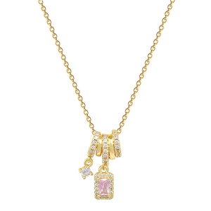 Elegant gold titanium steel necklace featuring a crystal ring and pink gemstone pendant