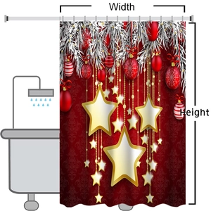 Christmas shower curtain detail showing height and width measurement guide for festive decor