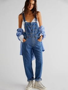 Women Denim Overalls Jumpsuit Cotton Adjustable Straps Multi Pockets Straight Leg Casual Retro Fashion Pants