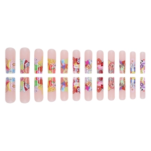 Long ballerina press-on nails with cute cartoon animal and floral graffiti patterns