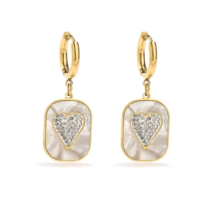 Gold titanium steel hoop earrings with zircon heart and shell pendant in white studio view