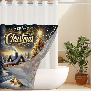 Detailed Christmas shower curtain with snowy cabin and festive trees on waterproof fabric