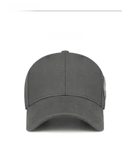 Front view of a dark grey cotton baseball cap with a structured crown and curved brim
