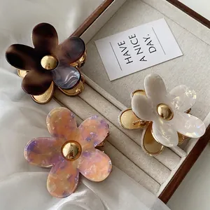 Flower Hair Claw Clip Acetate And Metal Five Petal Blossom Tortoiseshell Elegant Korean Style For Women Strong Hold