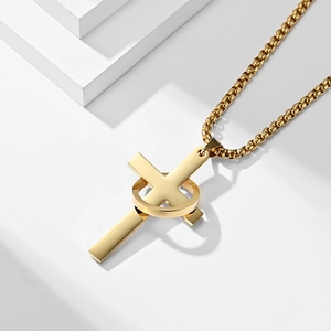 Minimalist gold stainless steel cross necklace with ring pendant on a box chain