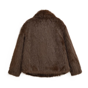 Back view of a brown mid-length faux fur coat with a stylish wide lapel for women