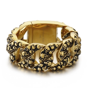 Bracelet punk pour homme en acier inoxydable 316L doré avec relief de têtes de mort