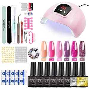 Complete nail kit with pink UV/LED lamp, 6 gel polishes, base top coat and art tools