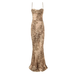 Slim fit beige satin dress with dark brown floral print and elegant cowl neck design