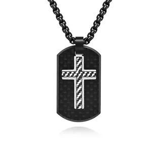 Men Dog Tag Necklace Stainless Steel Carbon Fiber Cross Pendant Retro Hip Hop Style Jewelry Fashion Gift Accessory