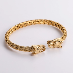 Men's 18k gold plated stainless steel twisted cable bracelet with double dragon heads