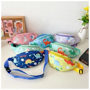Collection of colorful kids waist bags with cute dinosaur and unicorn prints