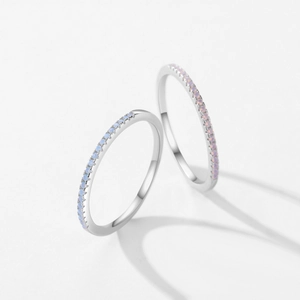 Elegant S925 sterling silver thin rings with light blue and pink opal crystal stones