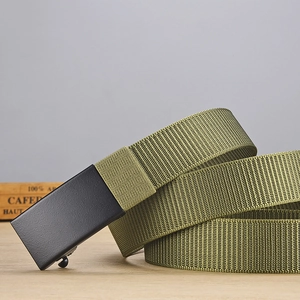 Close-up of military green nylon web belt with matte black automatic buckle detail