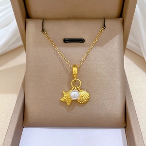 Ocean Starfish Shell Artificial Pearl Pendant Necklace Gold Plated Stainless Steel Chain Jewelry For Women Elegant Nautical