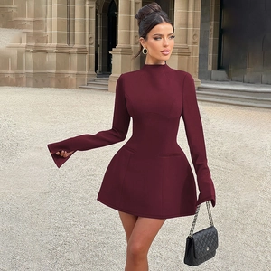 Sexy Backless Mini Dress Polyester Spandex Long Sleeve Mock Neck Structured A-Line Flare Skirt Elegant Party Clubwear For Women