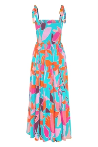 Detail of bohemian floral print dress with tiered skirt and smocked bust design