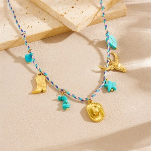 Bohemian turquoise and gold-plated cowboy charms necklace on a colorful woven rope chain