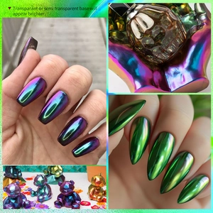 Multicolor chameleon chrome nail powder with metallic mirror effect on different nail shapes