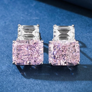 Luxury 925 Sterling Silver Stud Earrings For Women Rectangular Cut Rhinestone Yellow Pink Blue Geometric Wedding Fashion Jewelry