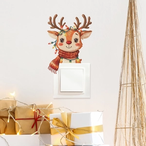 Autocollant Mural Interrupteur Renne De Noël Dessin Animé PVC Imperméable Élan Mignon Avec Écharpe Rouge Pour Décoration De Chambre Salon