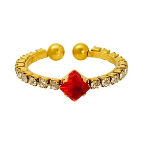 Adjustable golden stainless steel ring with square red zircon and white side stones