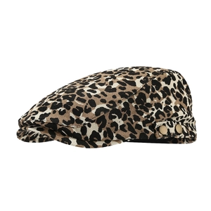 Classic leopard print flat cap in vintage cotton with bronze side metal buttons