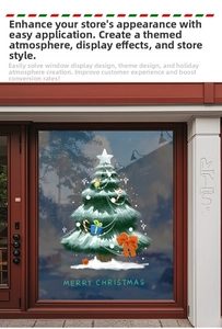 Détail d'un autocollant de sapin de Noël avec texte Merry Christmas sur porte vitrée