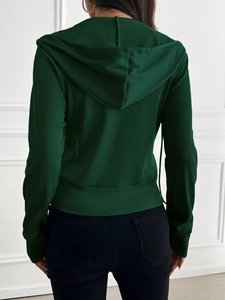 Rear view of slim fit dark green ribbed knit hoodie showing fabric texture and hooded design