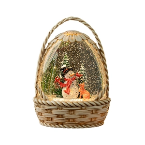 Christmas basket snow globe with snowman, trees and fox features warm LED lighting