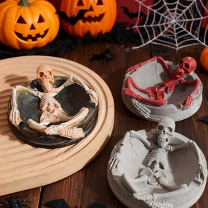 Halloween skeleton resin ashtray in three colors with spooky pumpkin decor