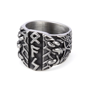Retro Viking Rune stainless steel ring with oxidized silver finish and relief engraving