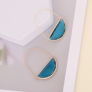 Chic gold hooked earrings featuring geometric semi-circular deep blue faceted glass stones