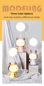 Detailed view of three cartoon LED desk lamps with bear, rabbit and deer shapes