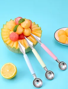 Three-piece stainless steel fruit carving set with melon baller and V-shaped carving knife