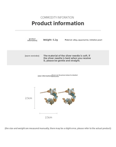 Detail view of flower-shaped aquamarine C-ring earrings with pearls, sized 2.5cm