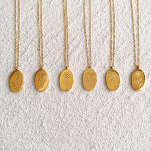 18K gold plated stainless steel necklaces with various birth flower oval pendants