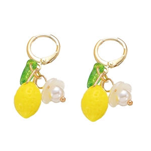 Sweet yellow lemon drop earrings with green leaves and white pearl flower on gold hooks