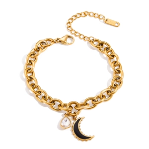 18K gold plated stainless steel chunky chain bracelet with moon and zircon charms