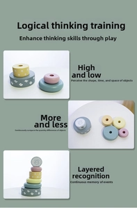 Detailed view of Morandi-colored wooden rainbow rings and lion topper for logical play