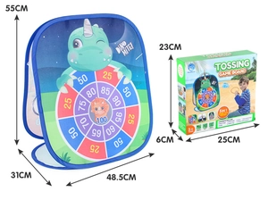 Detail view of foldable dinosaur theme toss game set with score target and packaging box