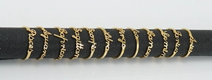 Detailed collection of 12 gold-plated zodiac rings featuring cursive lettering on a stand