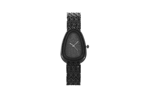 Close-up of black snake-head quartz watch with shimmering crystal-set scale bracelet