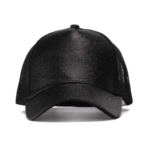 Detail of black glitter baseball cap showing shiny fabric texture and breathable mesh back