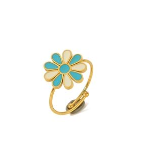 Detail of adjustable gold ring with blue and white enamel daisy flower design