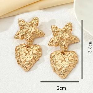 Golden irregular star and heart drop earrings with embossed texture and 3.8cm height