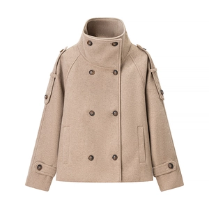 Women Woolen Coat Double Breasted Stand Collar Loose Fit Long Sleeve Jacket For Autumn Winter Elegant Casual Outwear