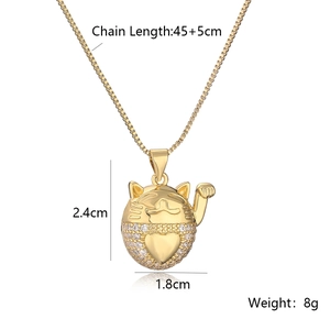Gold plated lucky cat pendant necklace with zircon crystals and detailed dimensions