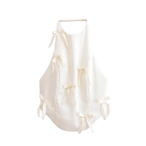 Elegant off-shoulder halter top in creamy white with multiple satin bow decorations